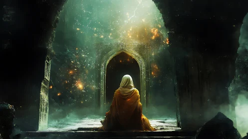Hooded figure before glowing archway in ruined hall.