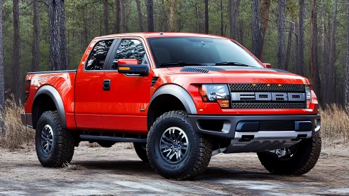 Bold red pickup truck stands ready for adventure in the woods