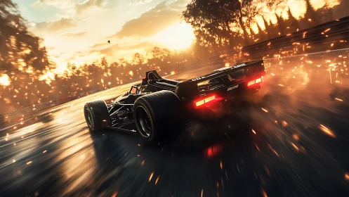 Photorealistic race car in dynamic sunset motion blur composition.