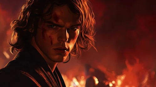 Battle-scarred warrior portrait over burning inferno.