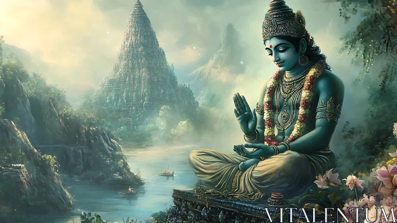 Blue-skinned meditative deity seated before riverside temple