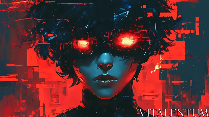 Cyberpunk portrait with red glitch fields and luminous visor.