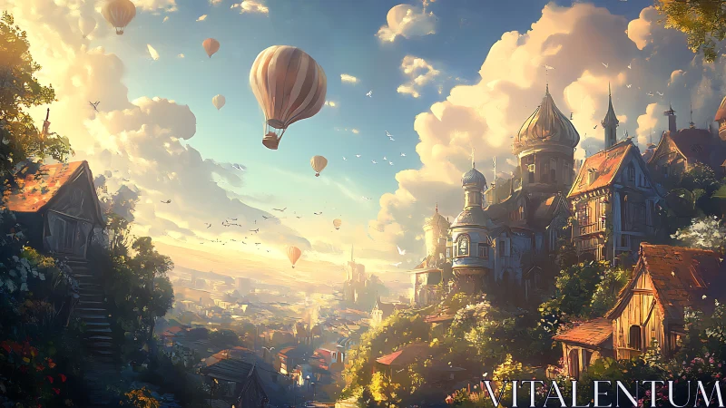 Sunlit fantasy town with hot air balloons at sunrise.