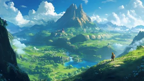 Heroic figure surveys expansive fantasy valley in luminous light