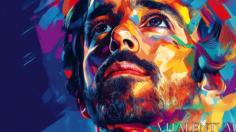 Multicolored male portrait rendered in abstract digital style.