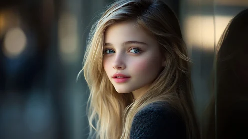 Soft focus portrait of blue eyed girl in reflective light