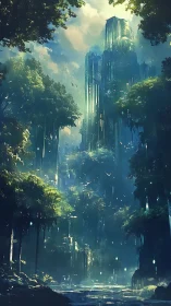 Vertical Metropolis Consumed by Verdant Overgrowth and Atmospheric Haze