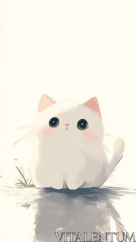 Soft white kitten beside water with gentle reflection.