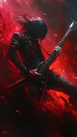 Guitarist shreds in blazing red inferno of sound and motion.