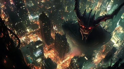 Demonic titan engulfs neon city under burning night sky.