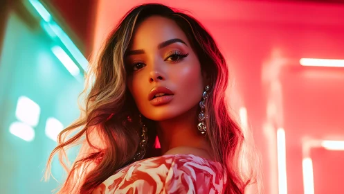 Neon-lit portrait of glamorous woman with bokeh gradients