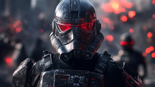 Stoic sci fi soldier glowing with intense red visor.