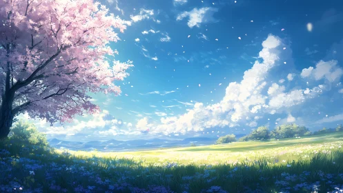 Wide-angle sakura field landscape with volumetric cloud lighting