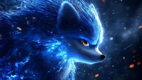 Blue energy fox profile ignites in swirling cosmic storm.