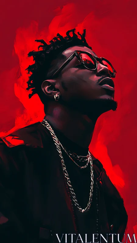 Chromatic portrait of upward gaze in saturated red field.