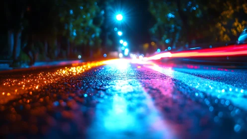 Neon light trails streak across wet city asphalt at night.