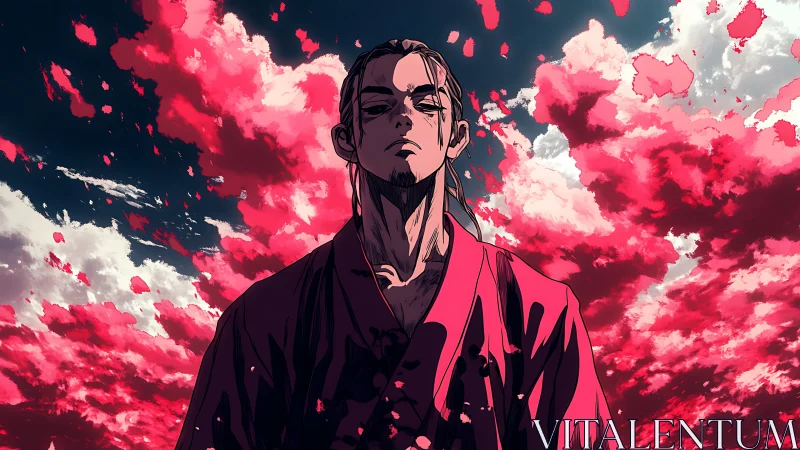 Crimson sky ronin breathing calm beneath stormed clouds.