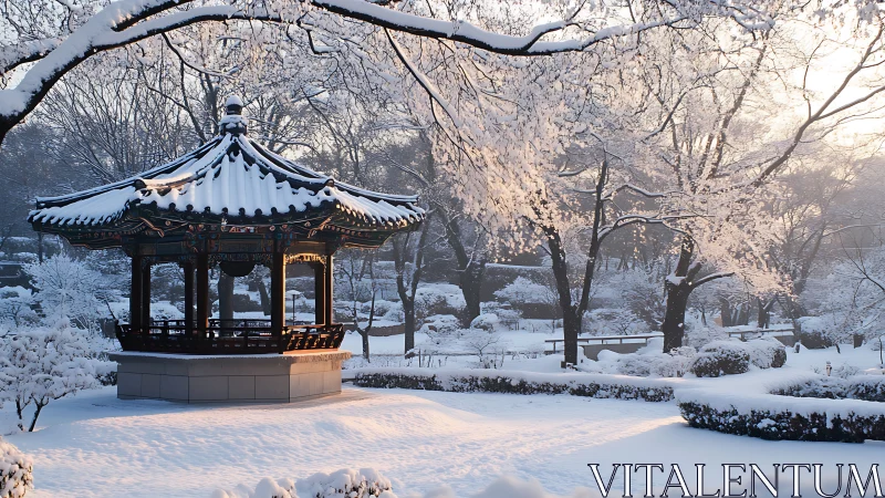 Snow-laden Korean pavilion under soft winter sunrise light.