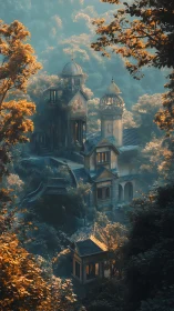 Enchanted hillside manor rising through misty forest light.