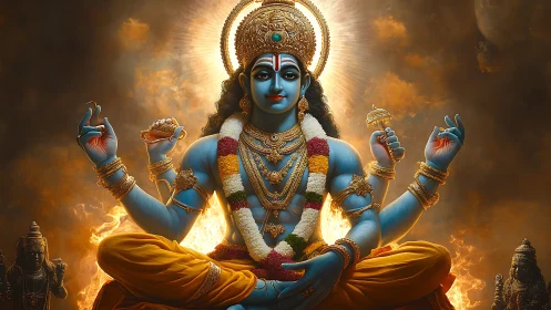 Blue-skinned four-armed deity seated amid stylized fire glow