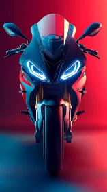 Sport motorcycle front view in neon blue and red light.