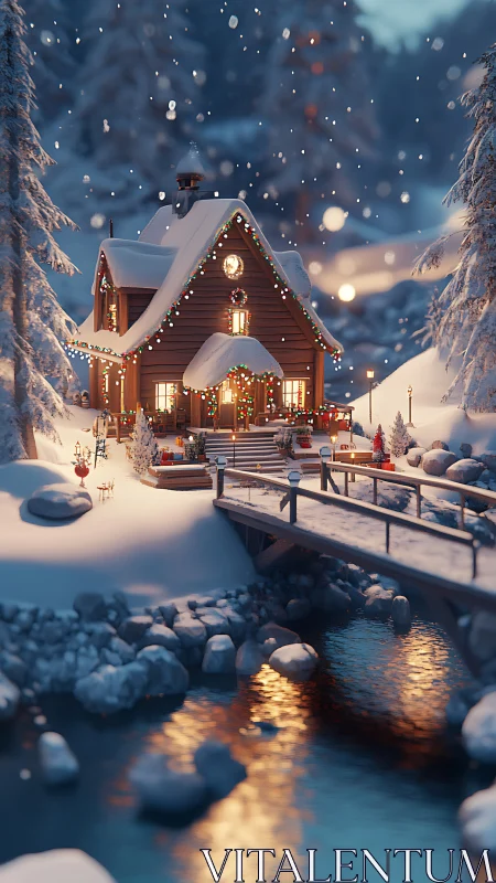 Snowdrifts cradle a storybook cabin dressed in warm lights