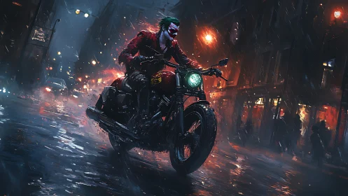 Masked biker storms neon city street in heavy rain.