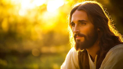 Serene bearded man in golden sunset light contemplates quietly