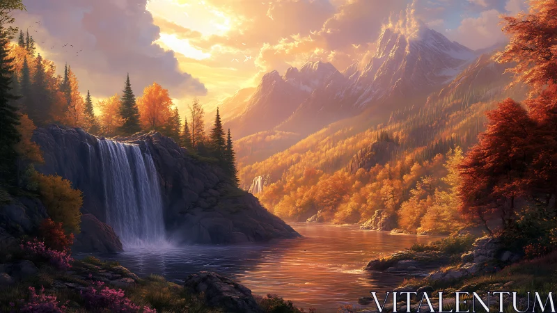 Sunlit waterfall valley wrapped in melting autumn golds.