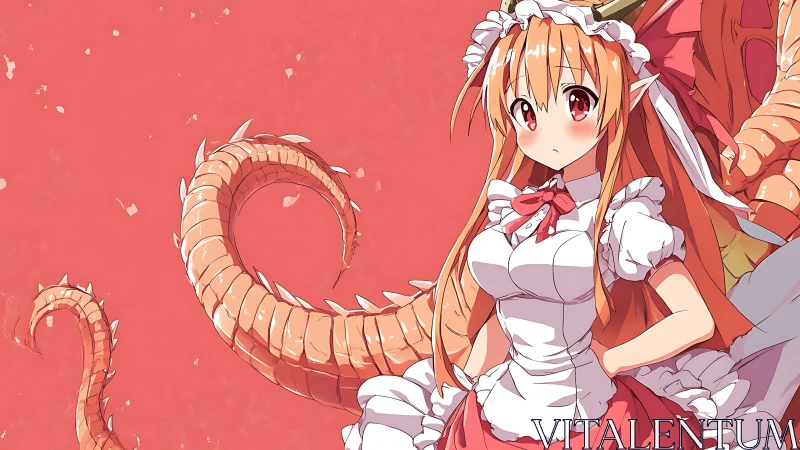 Draconic maid hybrid in coral-toned anime character study.