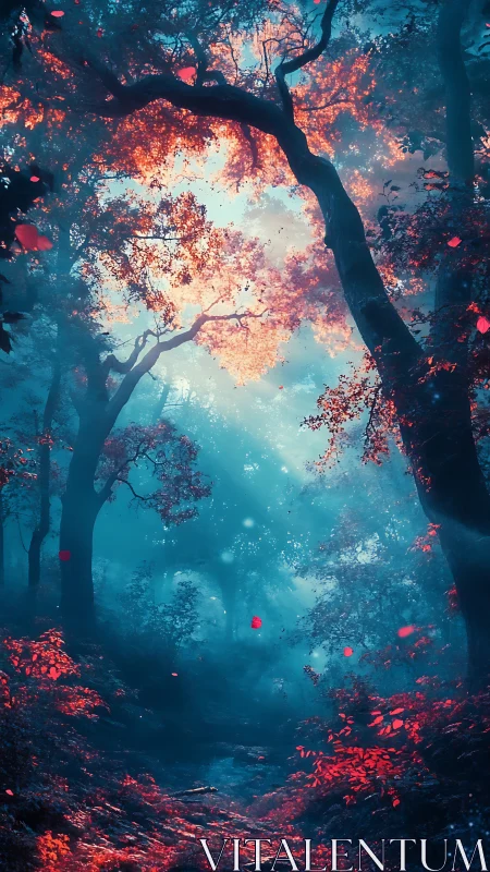 Luminous Forest Canopy with Autumn Foliage Against Misty Backdrop.
