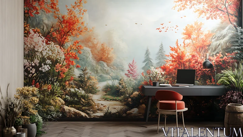 Autumn forest mural framing minimalist home workspace.
