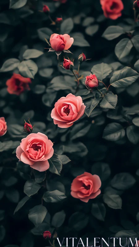 Coral Roses Dancing in Moody Garden Shadows.