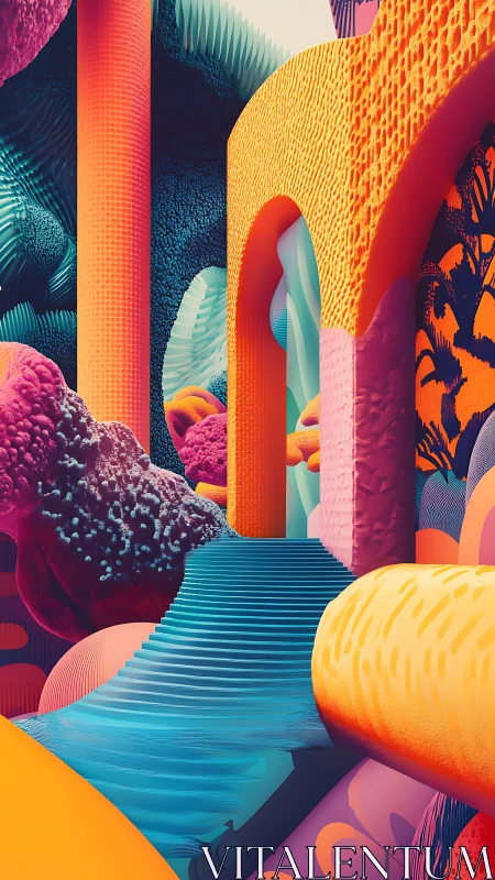 Neon surreal staircase winds through textured organic arches.