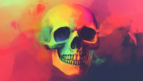 Chromatic human skull rendered in vivid neon digital gradients