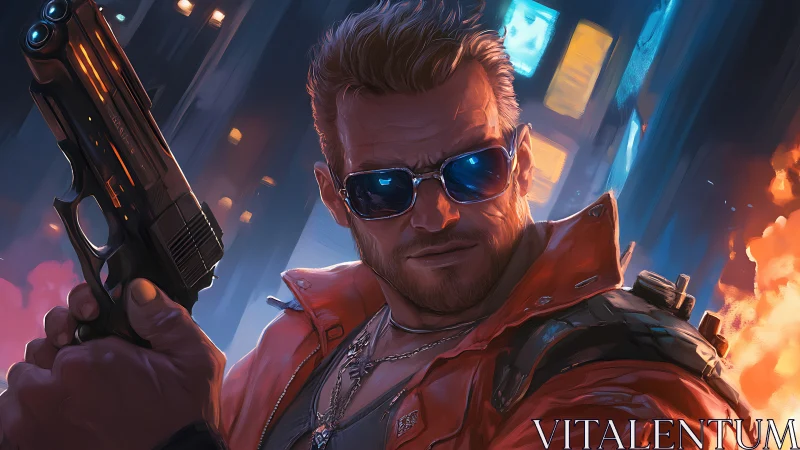 Cyberpunk enforcer with pistol in neon-lit burning alley.