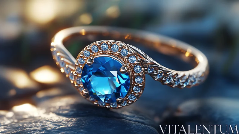 Ocean-eyed sapphire halo ring basking in molten daylight.