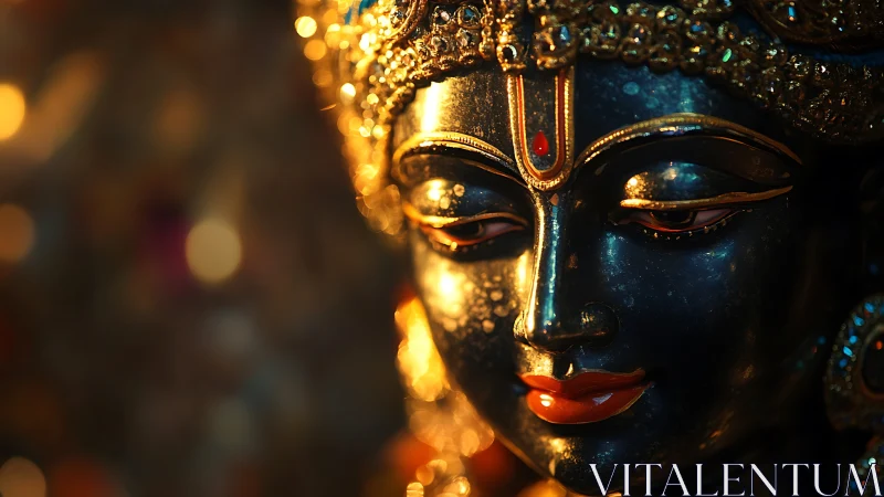 Gilded deity portrait in warm bokeh-lit devotional closeup.