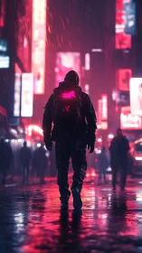 Hooded figure in neon rain, backlit by magenta holographic billboards