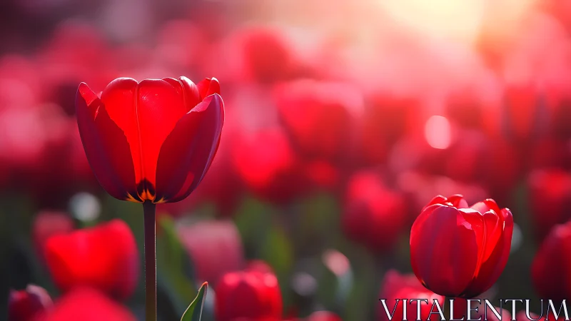 Vibrant Red Tulips Backlit Against Bokeh Garden Setting.
