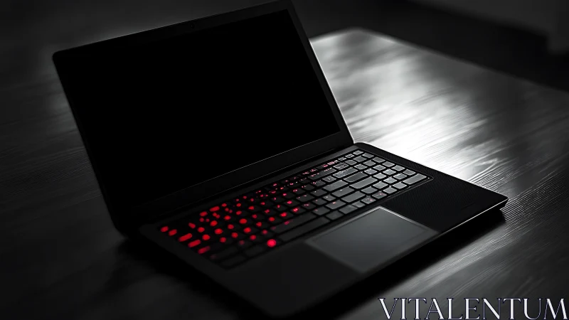 Moody laptop glow with soft red keys on a dark desk.