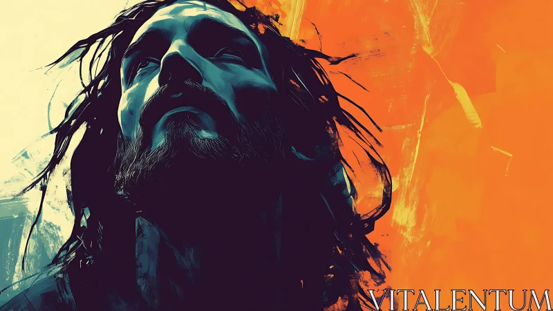 High-contrast digital portrait, upward gaze, cyan and orange