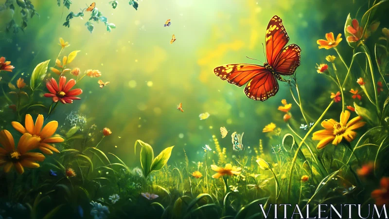 Vibrant Monarch Butterfly in Lush Flower Meadow, Digital Art Style.