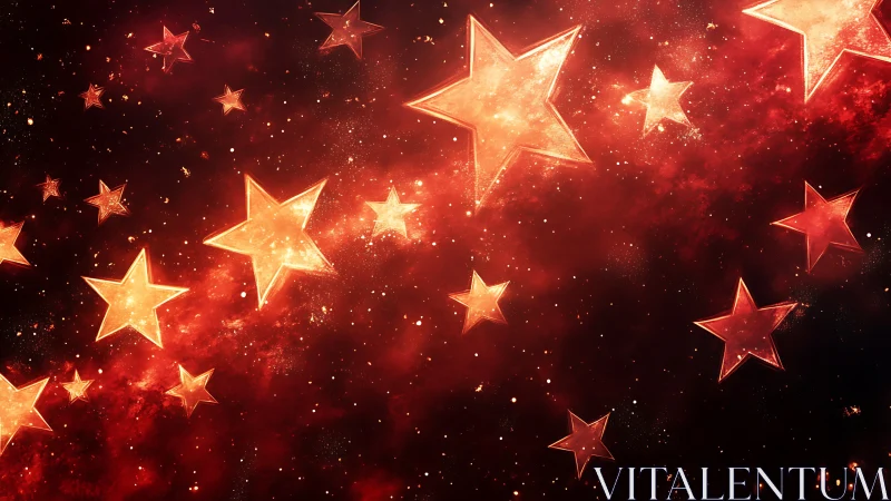 Glowing red stars drift through a luminous cosmic nebula.