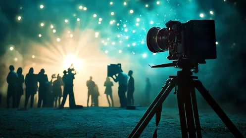 Cinematic night film set with spotlight and crew silhouettes.