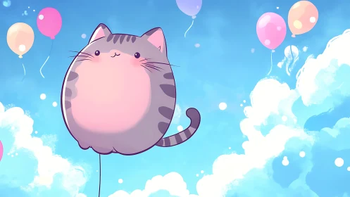 Chubby cartoon cat balloon drifting in bright blue sky.