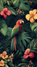 Radiant scarlet macaw resting in lush tropical blooms.