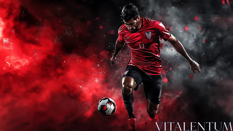 Stormstriking striker carving fire through smoky stadium night.