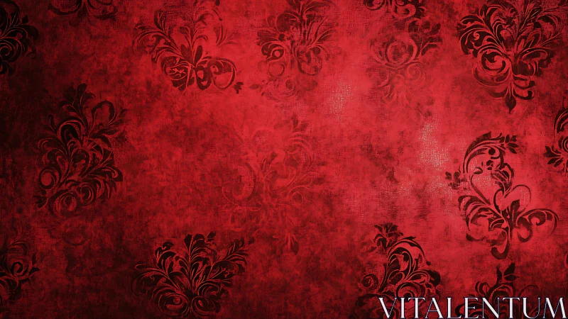 Deep Crimson Damask Textile Surface with Baroque Floral Motifs