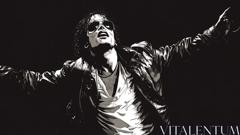 Monochrome illustration of singer in leather jacket pose.